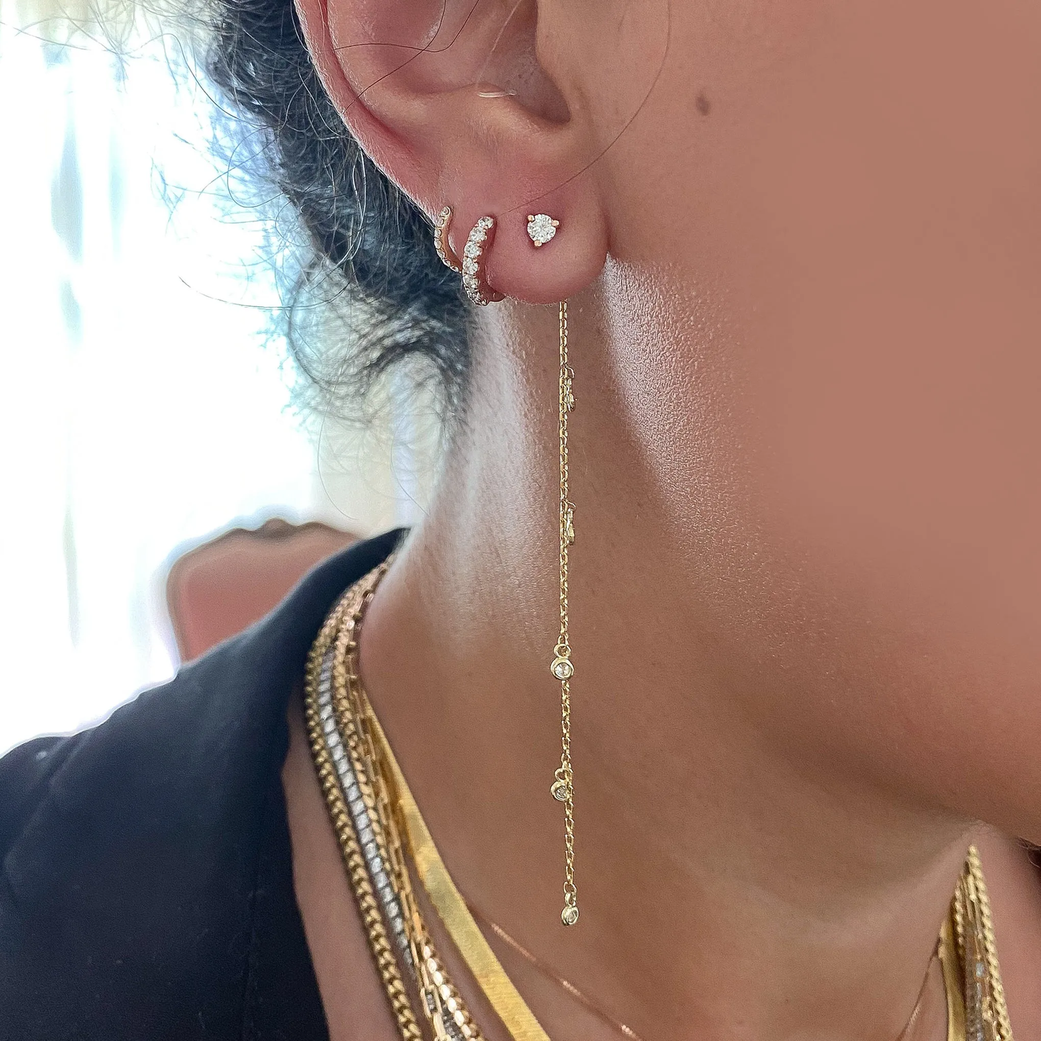 14K Gold 5 Diamond Fringe Dangle Chain Earring Jacket, 3" Length