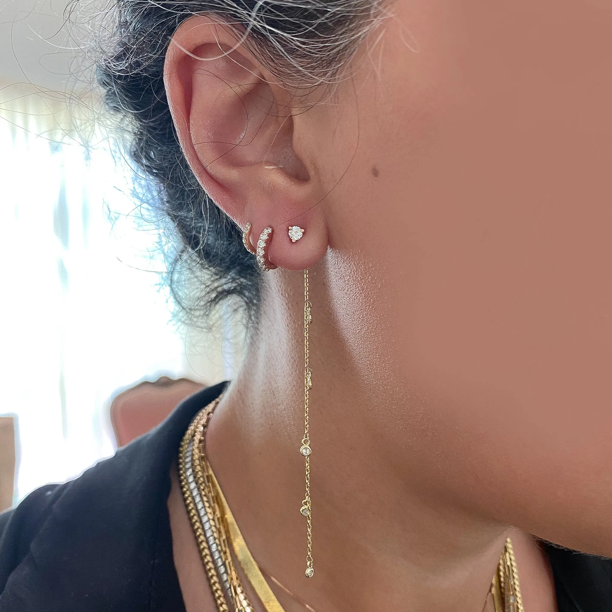 14K Gold 5 Diamond Fringe Dangle Chain Earring Jacket, 3" Length