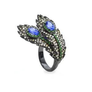 18KT Gold Tanzanite, Diamond, Tsavorite Double Peacock Feather Ring
