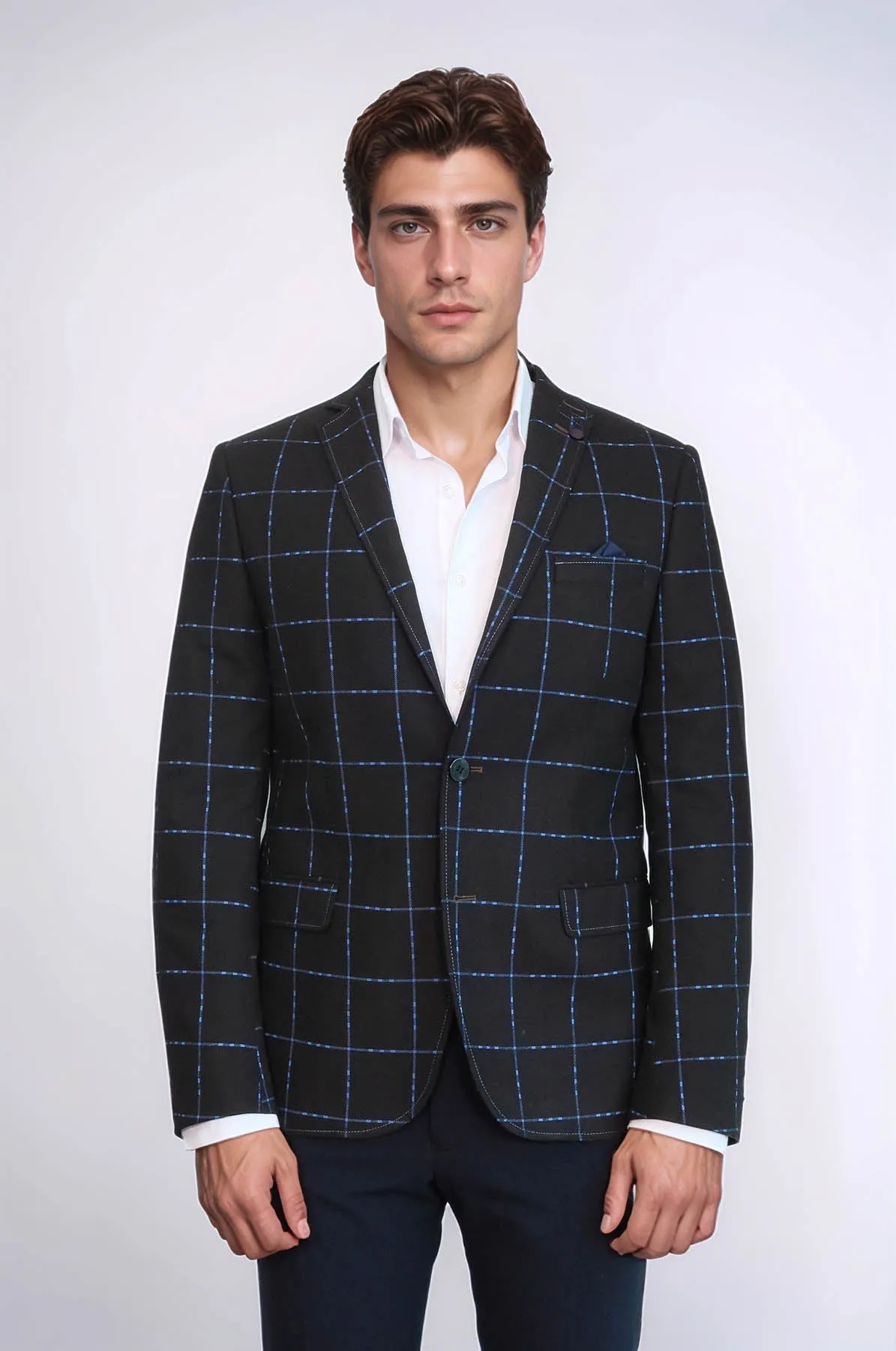 2 Button Plaid Wool Brown Jacket-Wessi