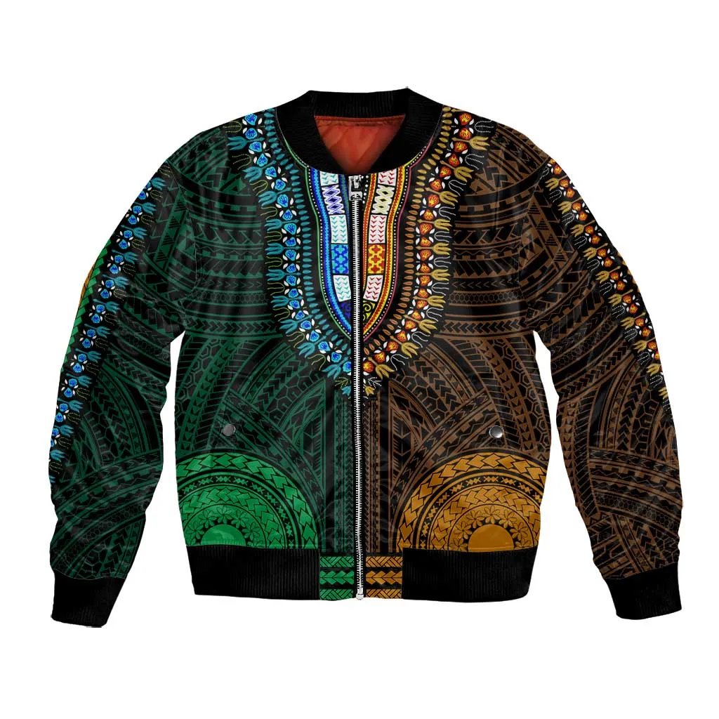 African Dashiki and Polynesian Pattern Bomber Jacket Half Green-Gold LT9