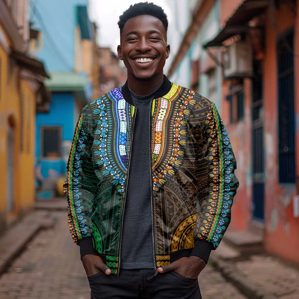African Dashiki and Polynesian Pattern Bomber Jacket Half Green-Gold LT9
