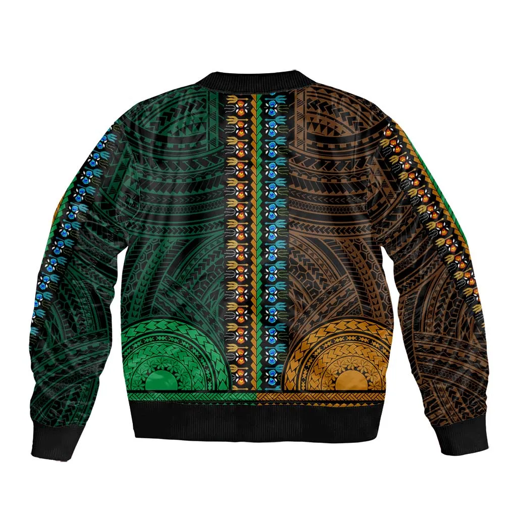 African Dashiki and Polynesian Pattern Bomber Jacket Half Green-Gold LT9