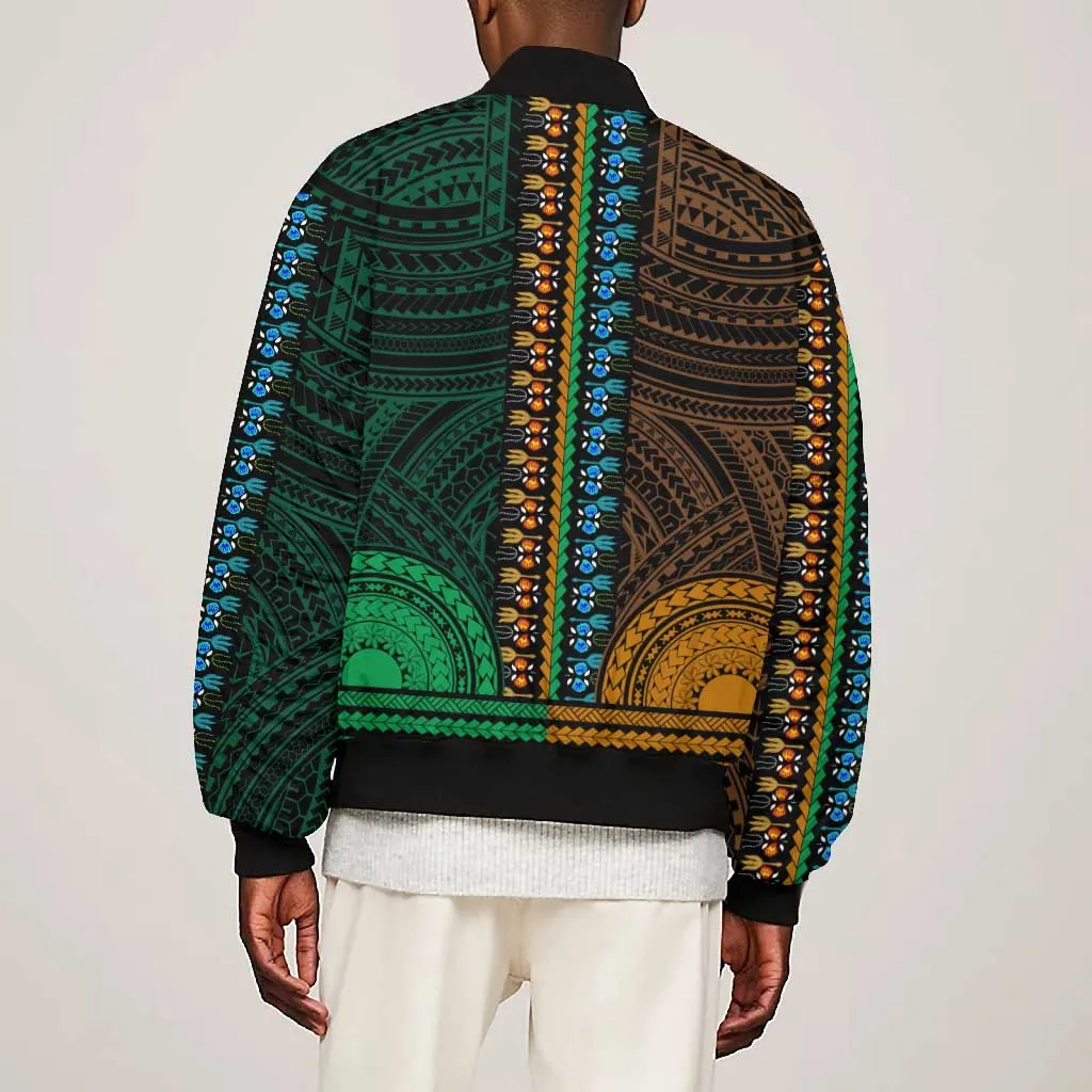 African Dashiki and Polynesian Pattern Bomber Jacket Half Green-Gold LT9