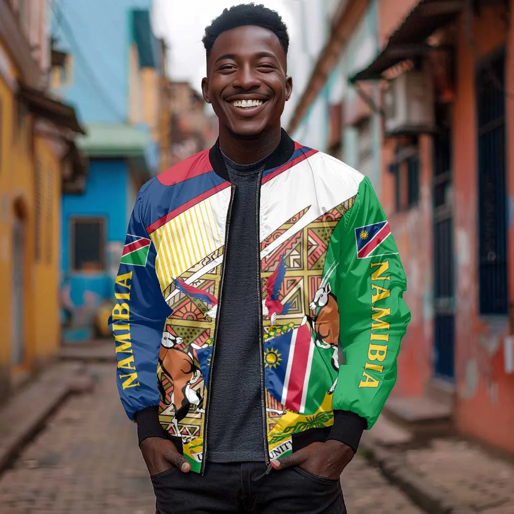 Afro Namibia Map Bomber Jacket National Emblem and Cultural Motif Design TS04