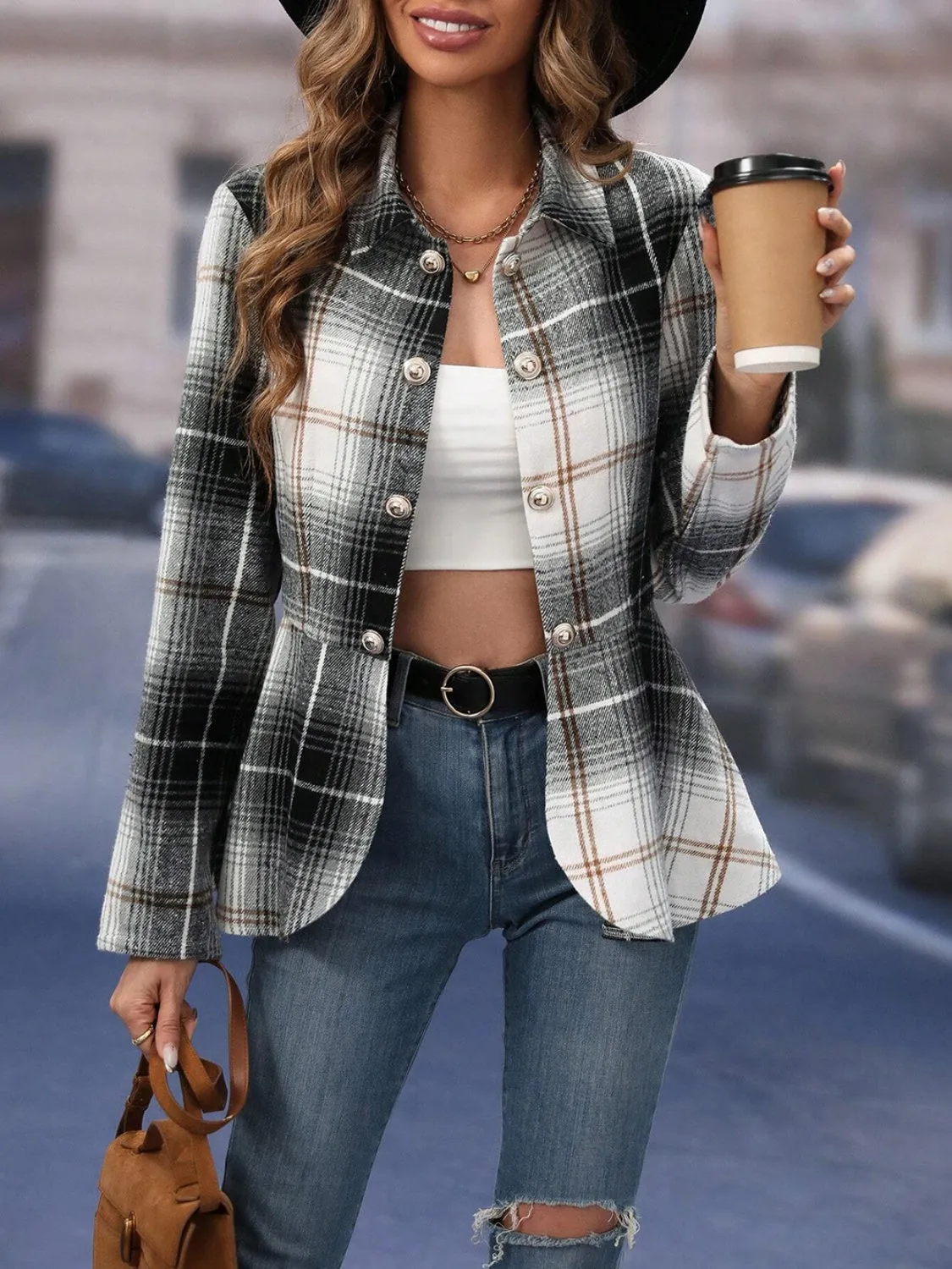 Aliya Plaid Button Up Long Sleeve Jacket