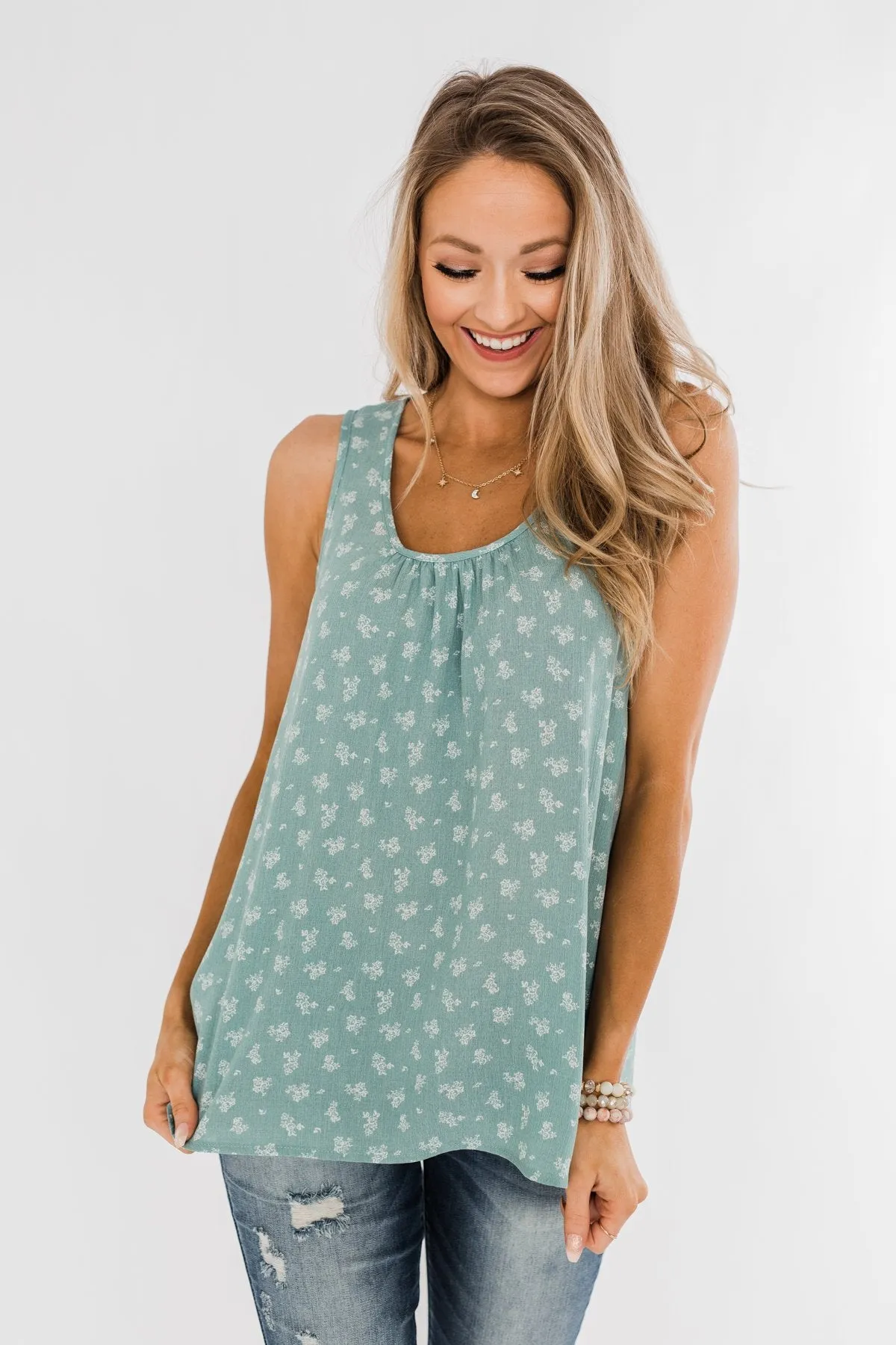 All For You Floral Tank Top- Sage