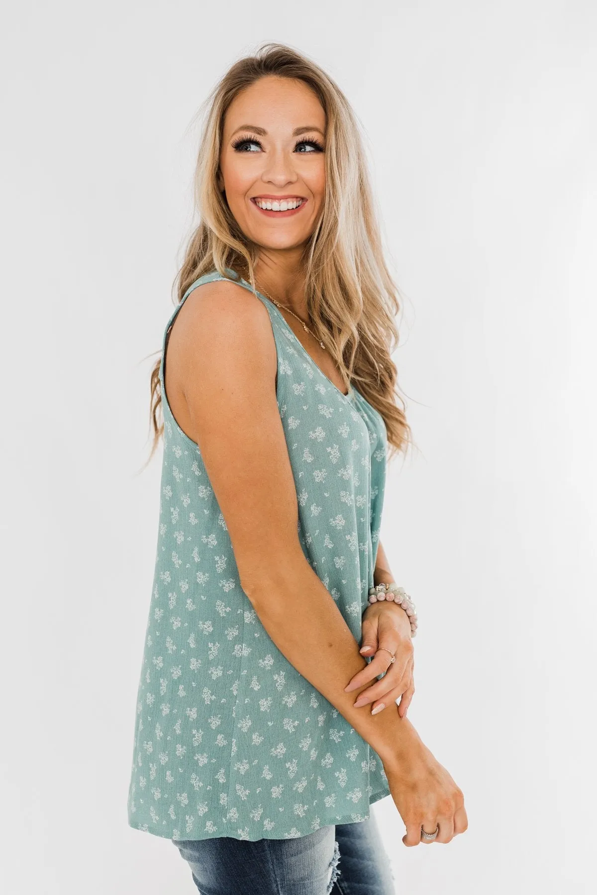 All For You Floral Tank Top- Sage