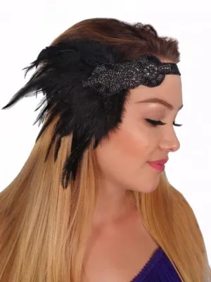 Beaded Feather Flapper Headband - Black
