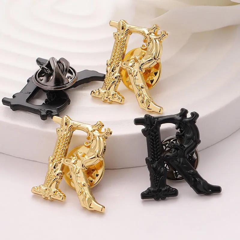 Black Gold Metal Brooch with Letter R - Suit Badge for Men 10pcs