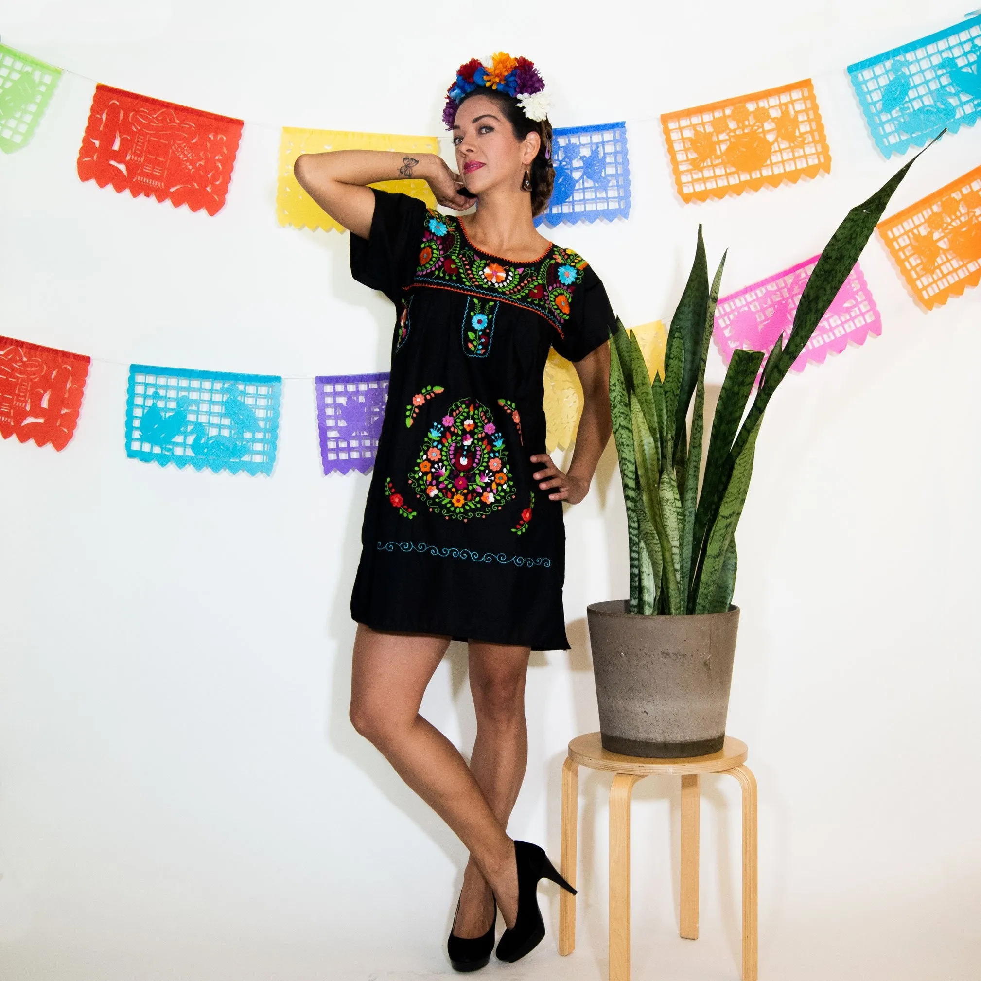 Black Mexican Dress with Multicolored Flowers.