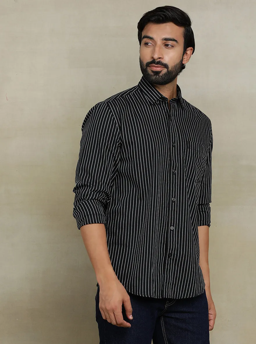 Black Striped Tailored Fit Semi Casual Shirt | JadeBlue