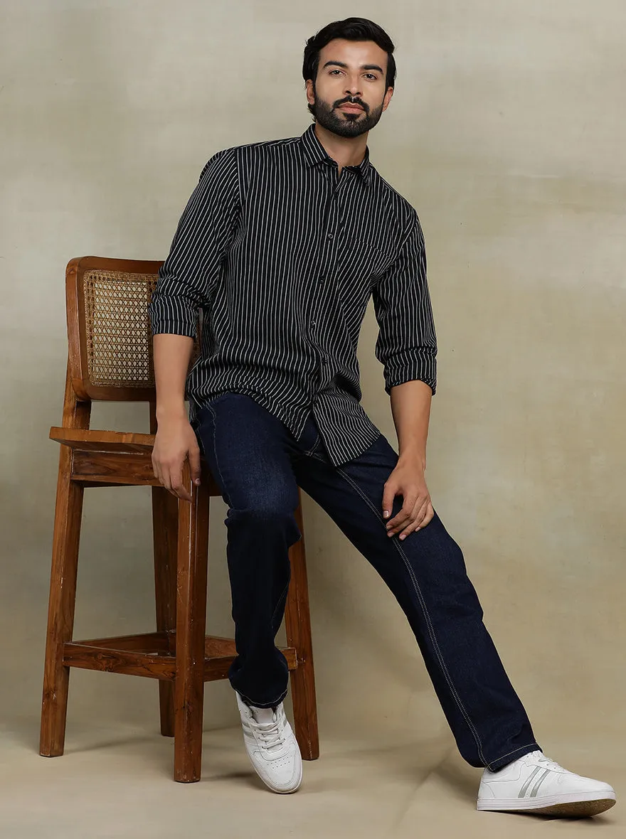 Black Striped Tailored Fit Semi Casual Shirt | JadeBlue