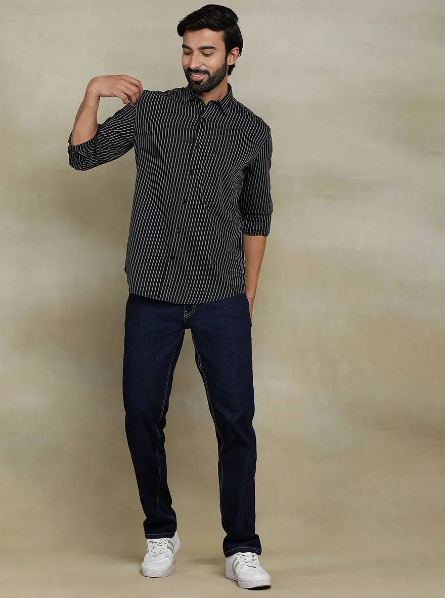 Black Striped Tailored Fit Semi Casual Shirt | JadeBlue