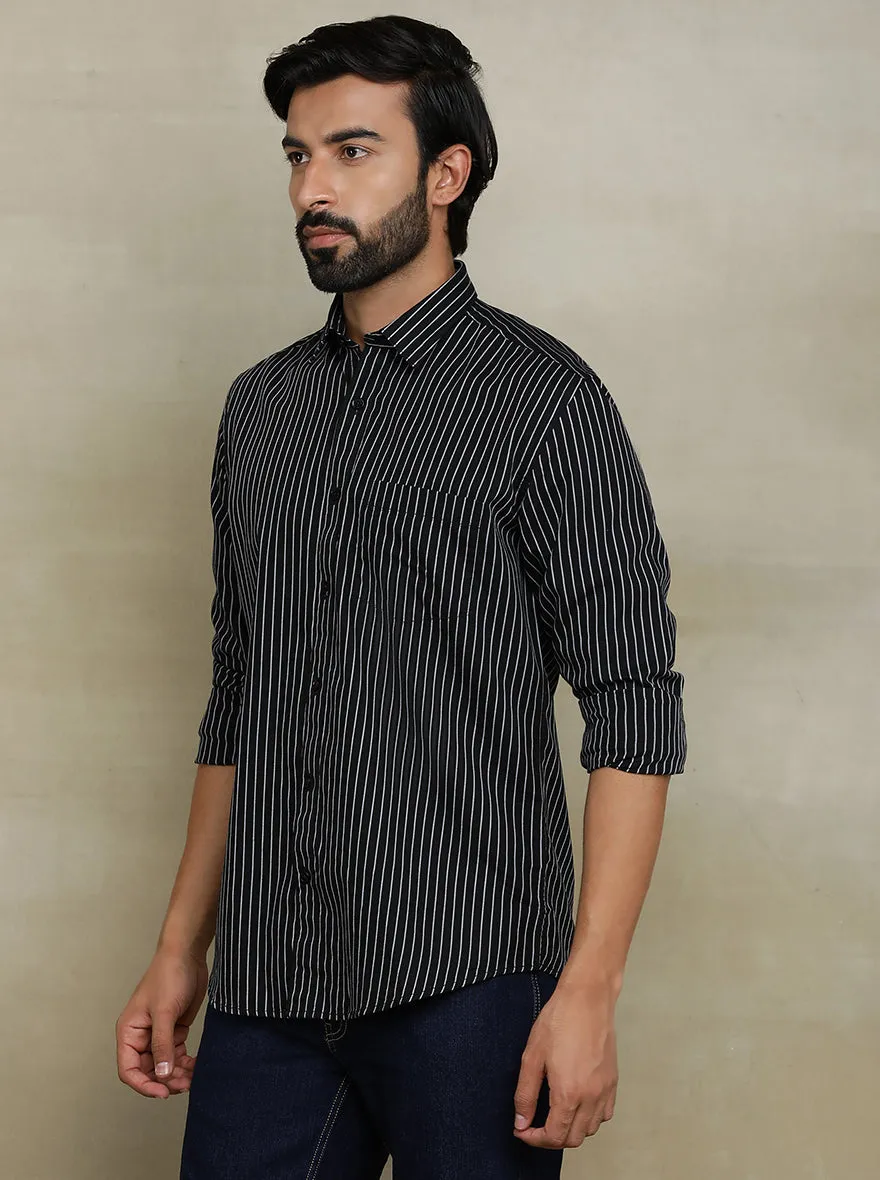 Black Striped Tailored Fit Semi Casual Shirt | JadeBlue