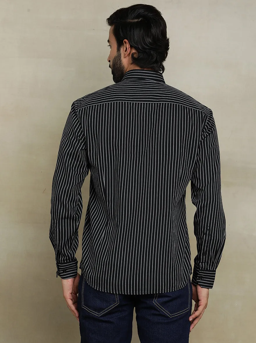 Black Striped Tailored Fit Semi Casual Shirt | JadeBlue