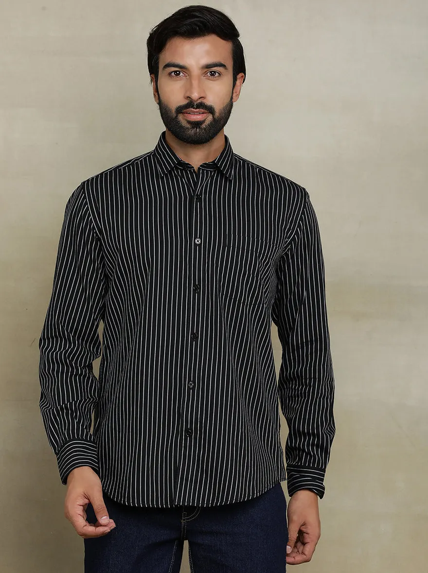 Black Striped Tailored Fit Semi Casual Shirt | JadeBlue