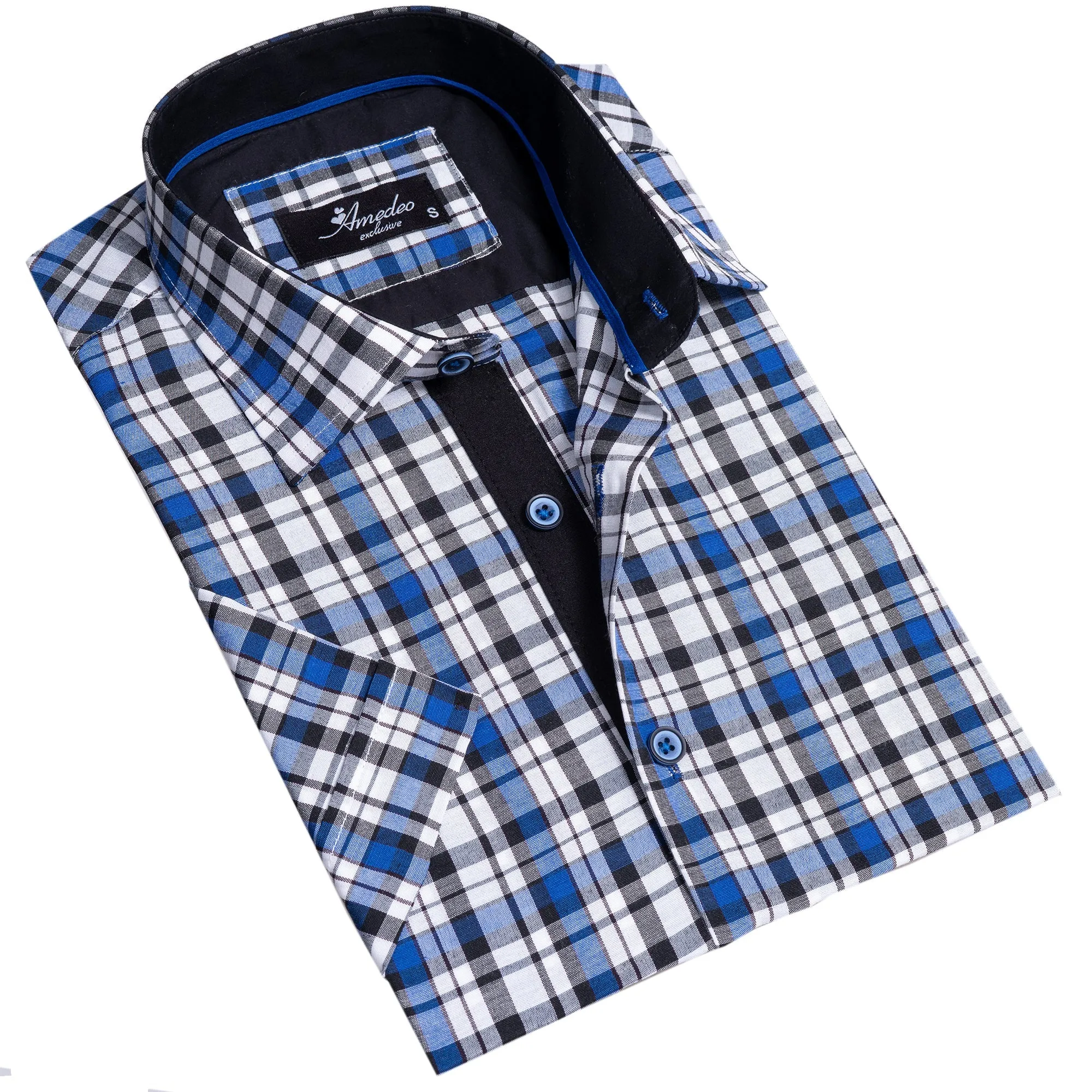 Blue & White Checkered Mens Short Sleeve Button up Shirts - Tailored