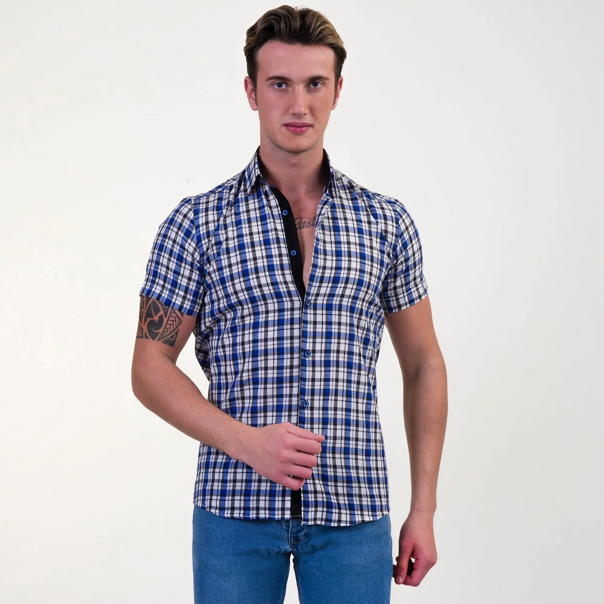 Blue & White Checkered Mens Short Sleeve Button up Shirts - Tailored