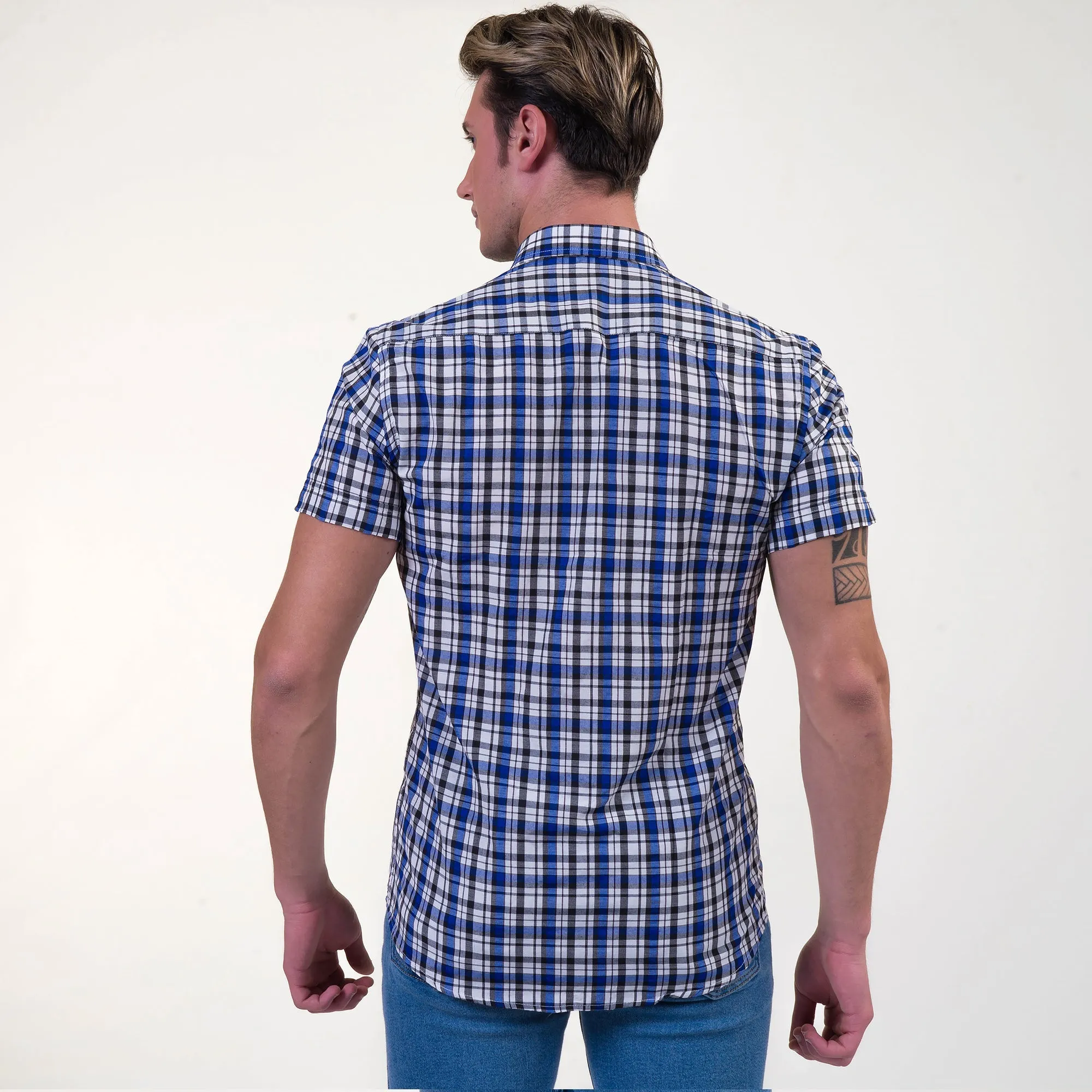 Blue & White Checkered Mens Short Sleeve Button up Shirts - Tailored