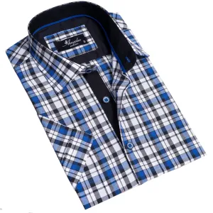 Blue & White Checkered Mens Short Sleeve Button up Shirts - Tailored