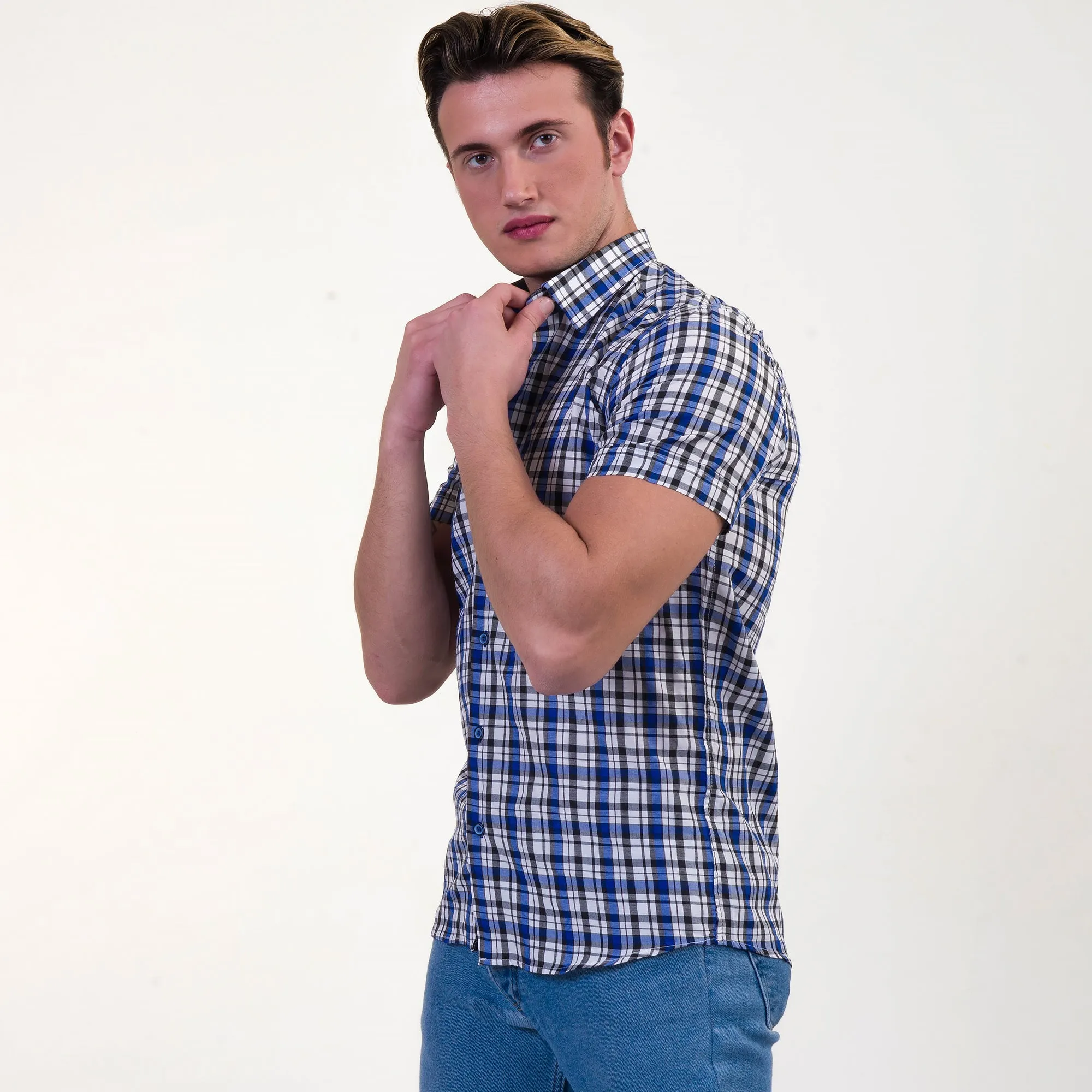 Blue & White Checkered Mens Short Sleeve Button up Shirts - Tailored