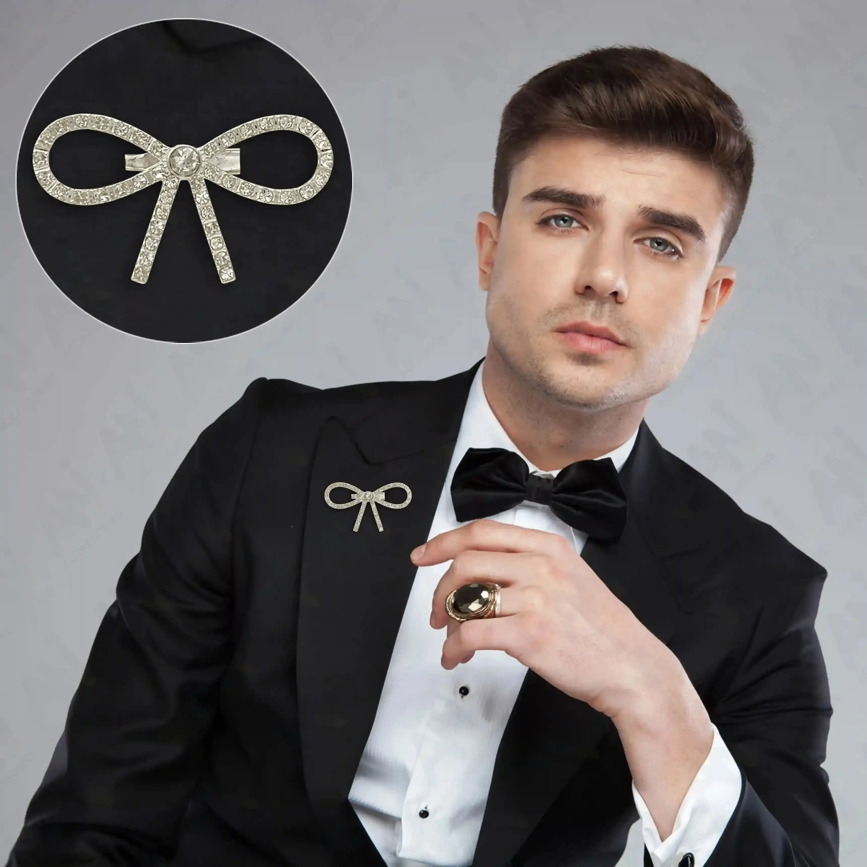 Bow Style Rhinestone Silver Metal Brooch