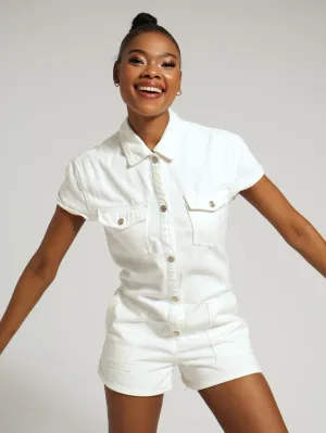 Boxy Denim Shorttall Playsuit - White