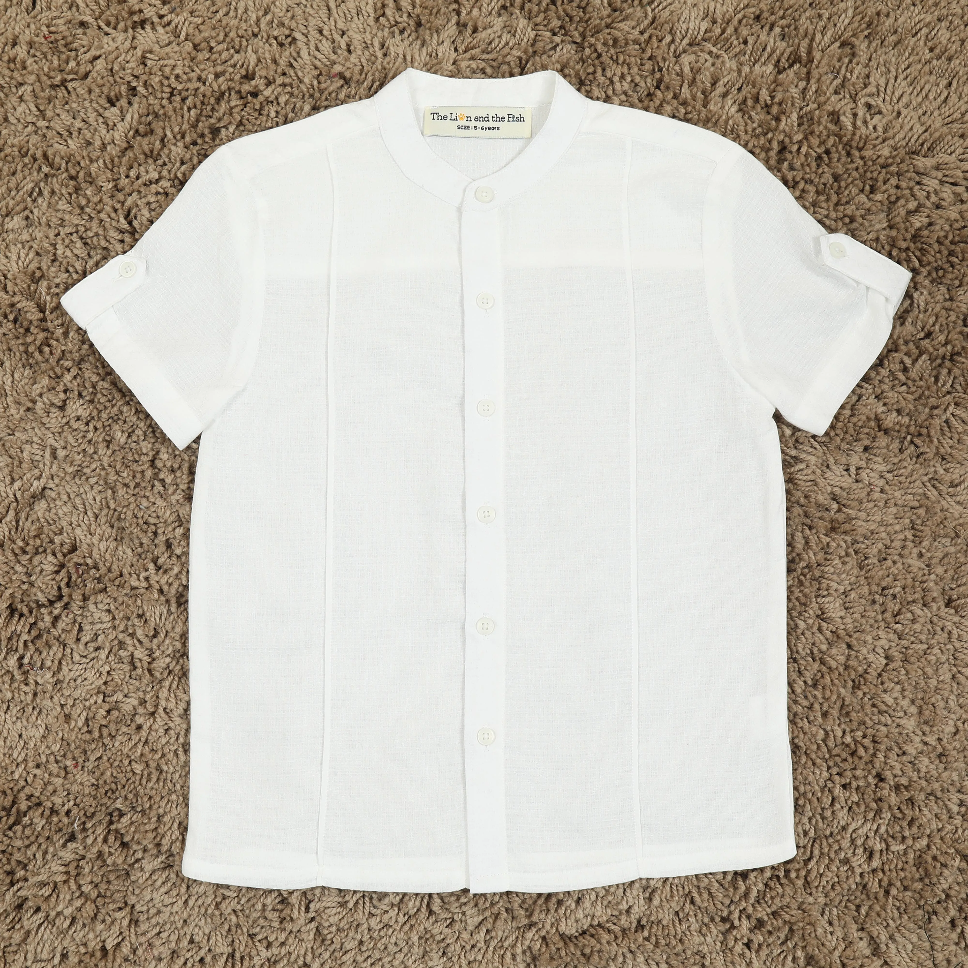 Boys Mandarin Collar Sleeve Tab Shirt Chiffon White