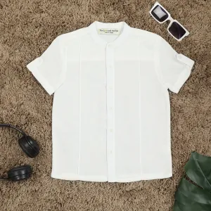 Boys Mandarin Collar Sleeve Tab Shirt Chiffon White
