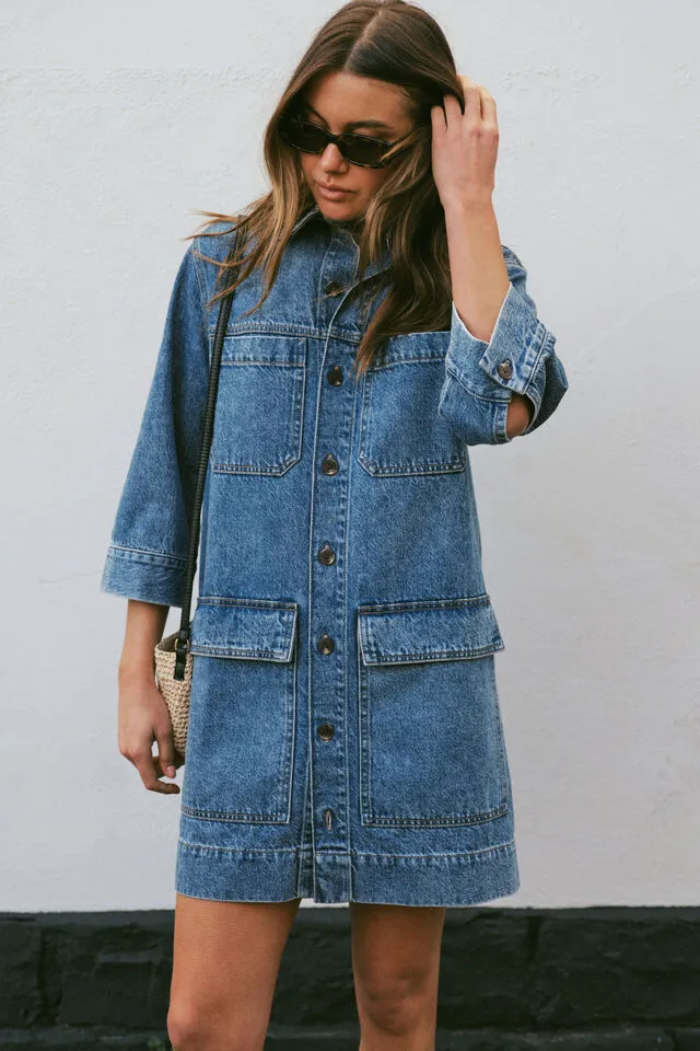 Ceres Life Half Sleeve Boxy Shirt Dress - Fresh Indigo Denim