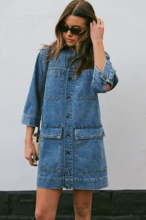 Ceres Life Half Sleeve Boxy Shirt Dress - Fresh Indigo Denim