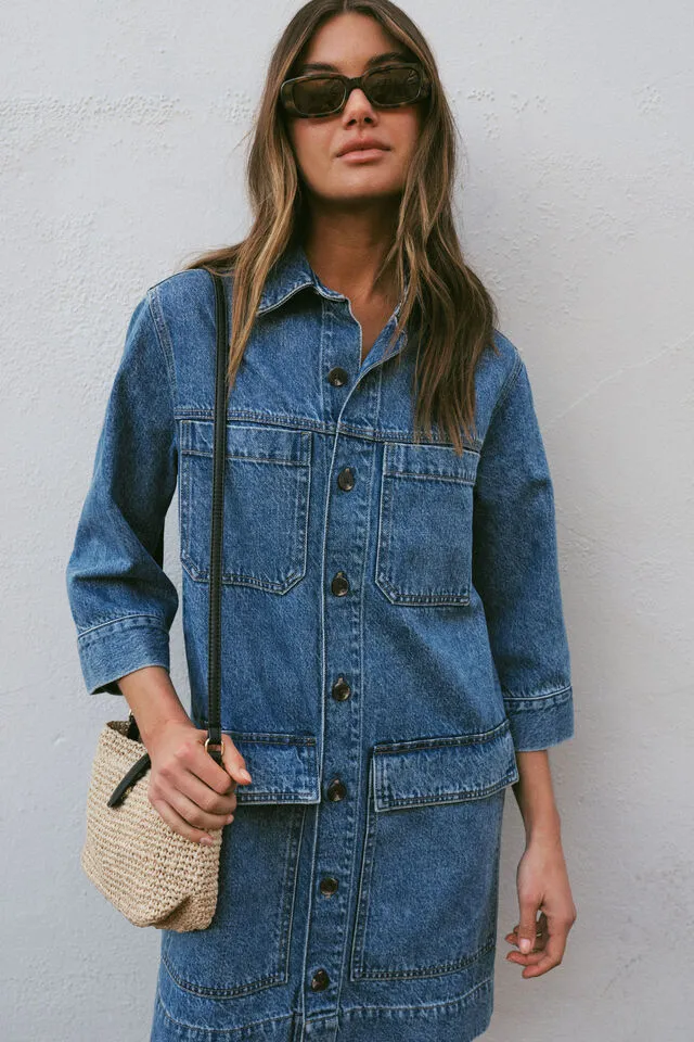Ceres Life Half Sleeve Boxy Shirt Dress - Fresh Indigo Denim