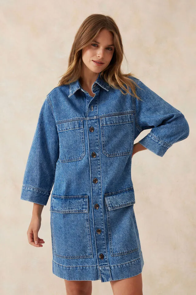 Ceres Life Half Sleeve Boxy Shirt Dress - Fresh Indigo Denim