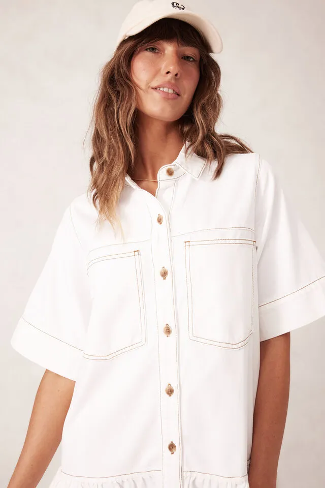 Ceres Life Short Sleeve Tiered Pocket Shirt Dress - Fresh Ecru