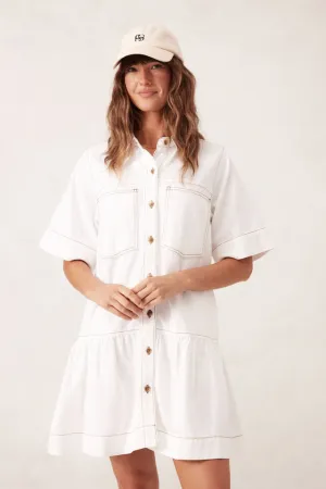 Ceres Life Short Sleeve Tiered Pocket Shirt Dress - Fresh Ecru