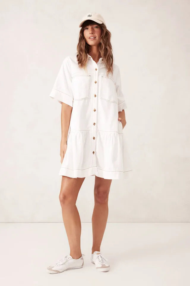 Ceres Life Short Sleeve Tiered Pocket Shirt Dress - Fresh Ecru