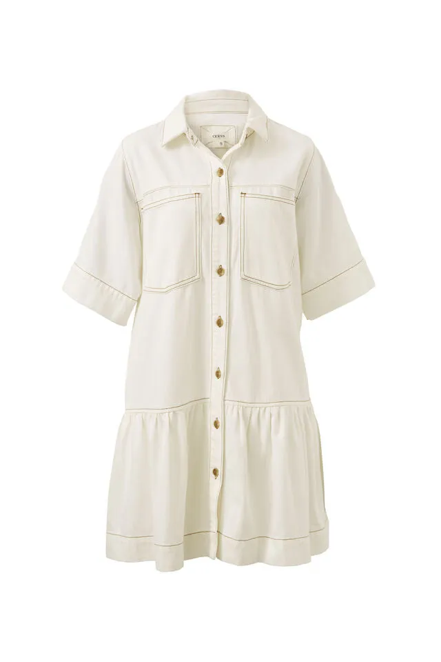 Ceres Life Short Sleeve Tiered Pocket Shirt Dress - Fresh Ecru