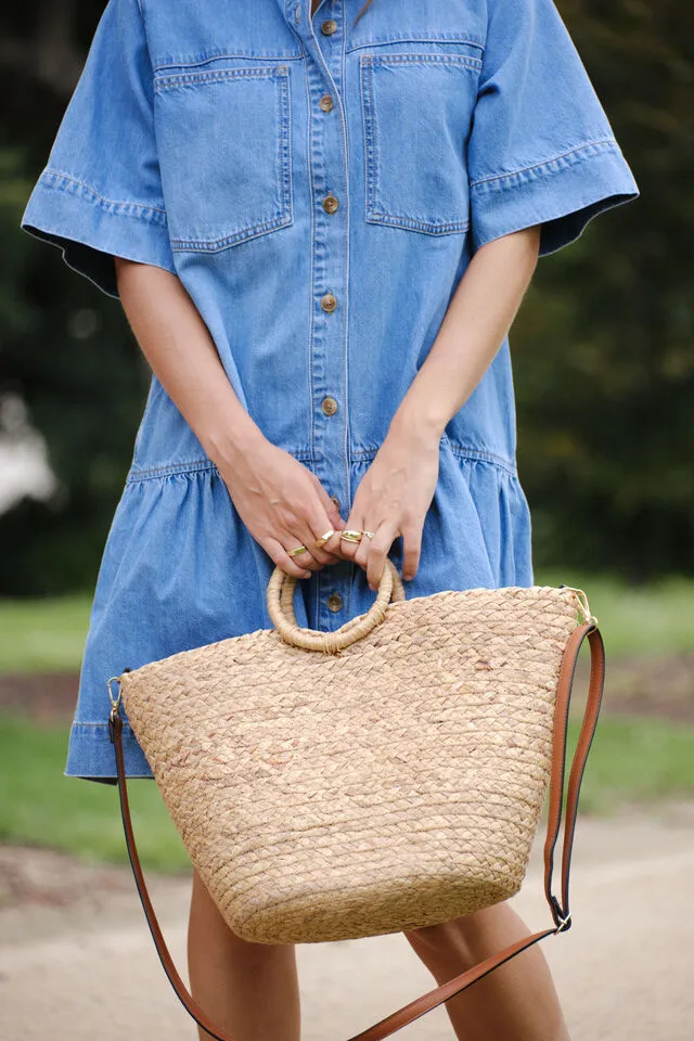 Ceres Life Short Sleeve Tiered Pocket Shirt Dress  - Vintage Blue