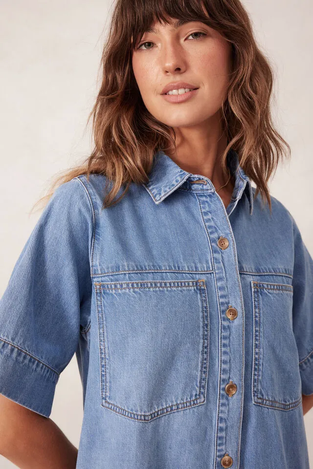 Ceres Life Short Sleeve Tiered Pocket Shirt Dress  - Vintage Blue