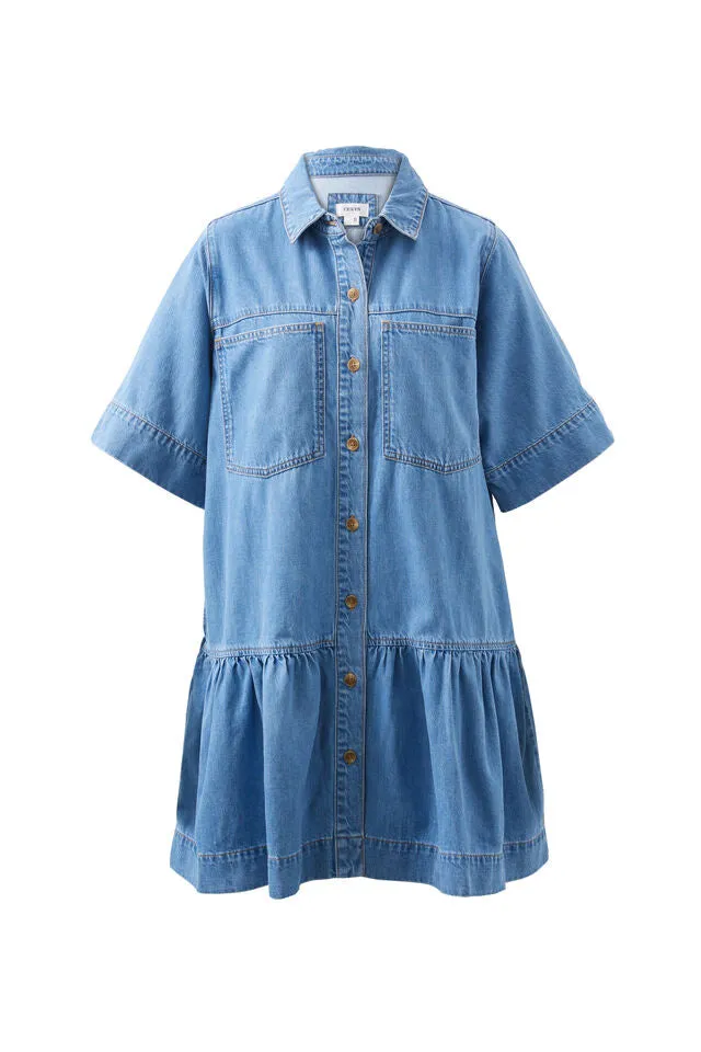 Ceres Life Short Sleeve Tiered Pocket Shirt Dress  - Vintage Blue