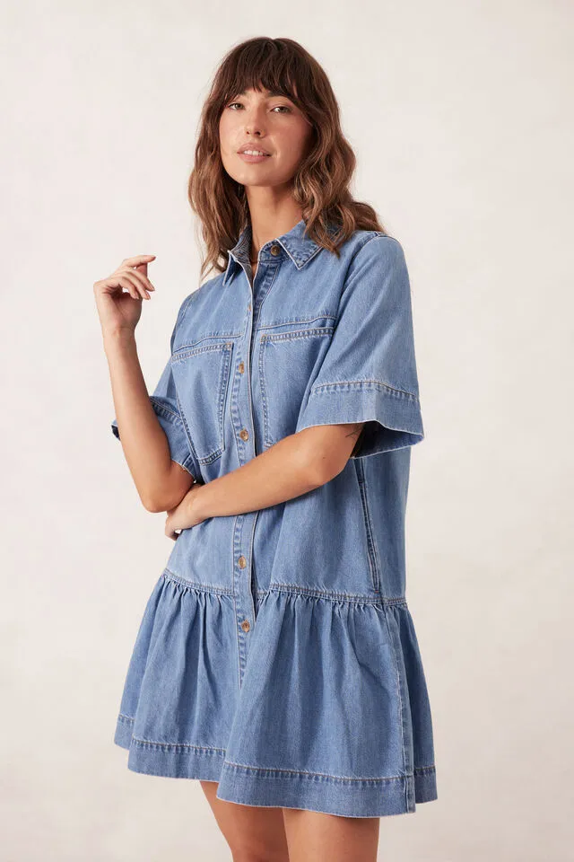 Ceres Life Short Sleeve Tiered Pocket Shirt Dress  - Vintage Blue
