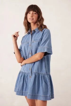 Ceres Life Short Sleeve Tiered Pocket Shirt Dress  - Vintage Blue