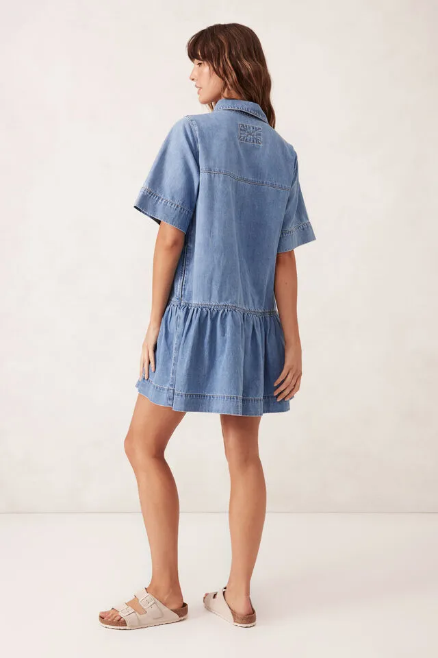 Ceres Life Short Sleeve Tiered Pocket Shirt Dress  - Vintage Blue