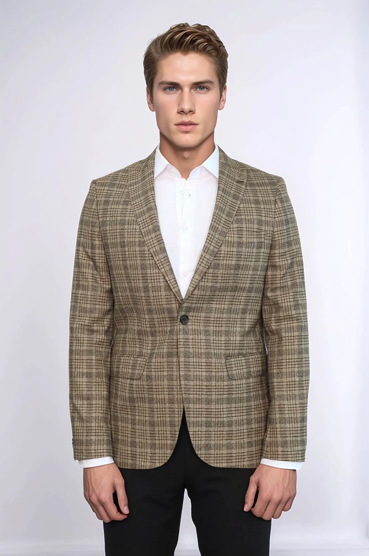 Checked Slim-Fit Light Brown Men Blazer - Wessi