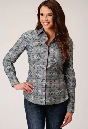 CL03-050-0067-0304 Ladies L/S Roper Turquiose/Grey Aztec