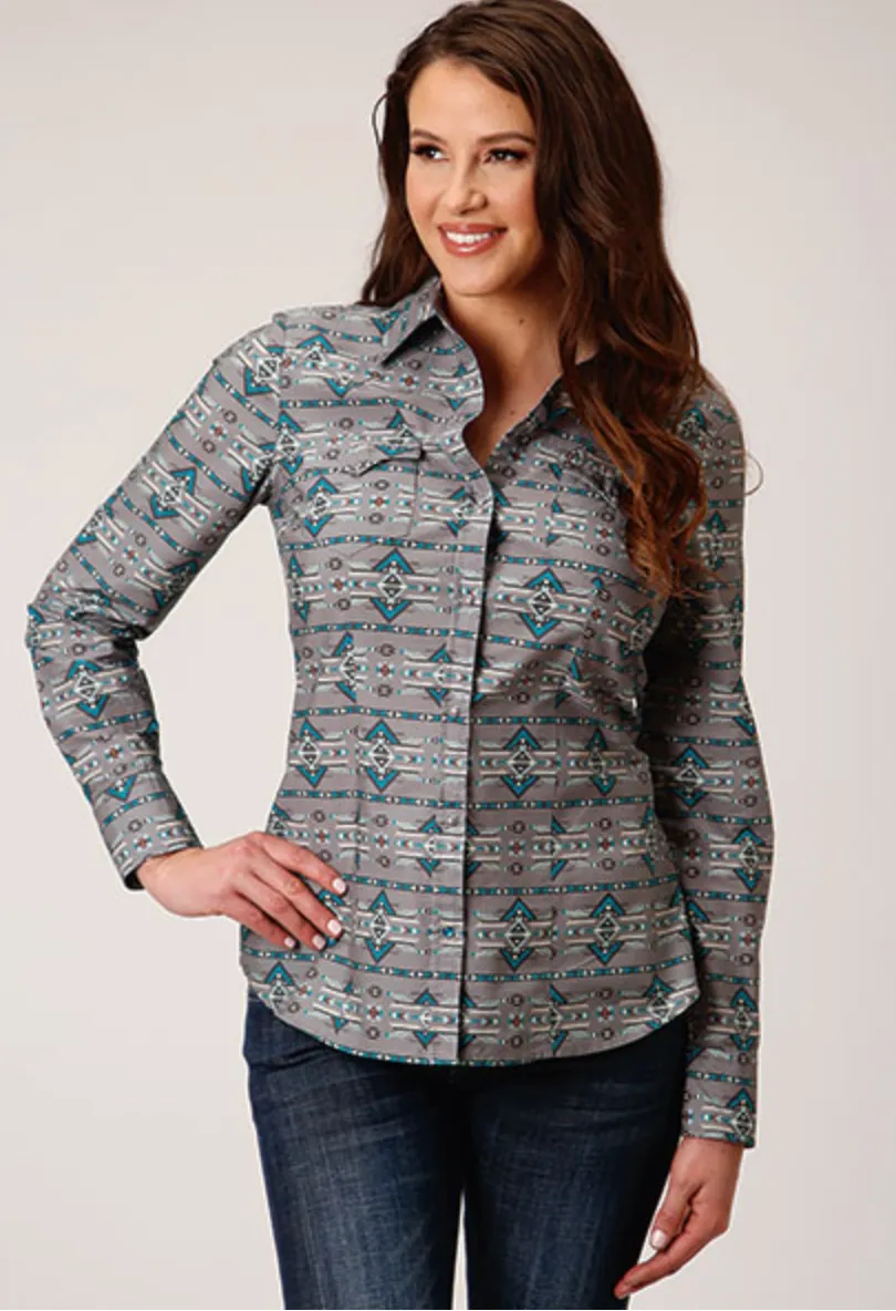 CL03-050-0067-0304 Ladies L/S Roper Turquiose/Grey Aztec