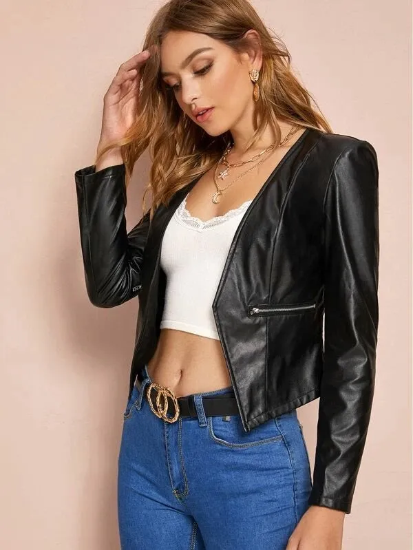 CM-CS009293 Women Elegant Seoul Style Long Sleeve Zip Open PU Blazer - Black