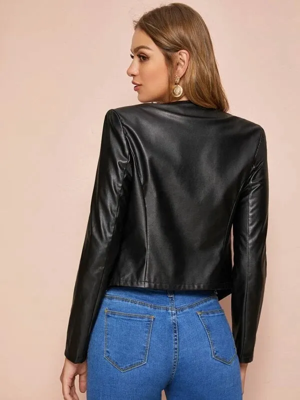 CM-CS009293 Women Elegant Seoul Style Long Sleeve Zip Open PU Blazer - Black