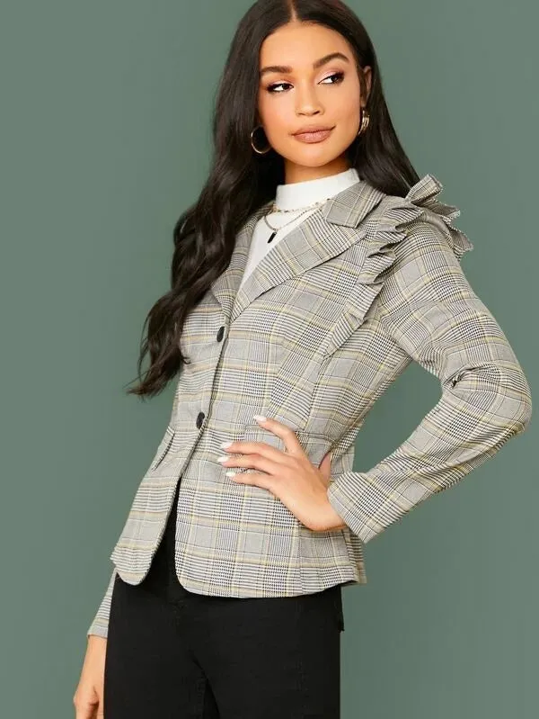 CM-CS023535 Women Elegant Seoul Style Long Sleeve Button Front Ruffle Trim Plaid Blazer - Gray